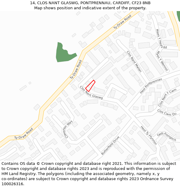 14, CLOS NANT GLASWG, PONTPRENNAU, CARDIFF, CF23 8NB: Location map and indicative extent of plot