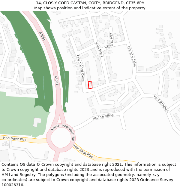 14, CLOS Y COED CASTAN, COITY, BRIDGEND, CF35 6PA: Location map and indicative extent of plot