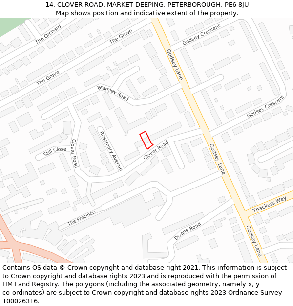 14, CLOVER ROAD, MARKET DEEPING, PETERBOROUGH, PE6 8JU: Location map and indicative extent of plot