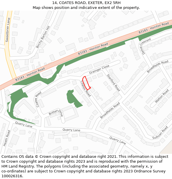 14, COATES ROAD, EXETER, EX2 5RH: Location map and indicative extent of plot