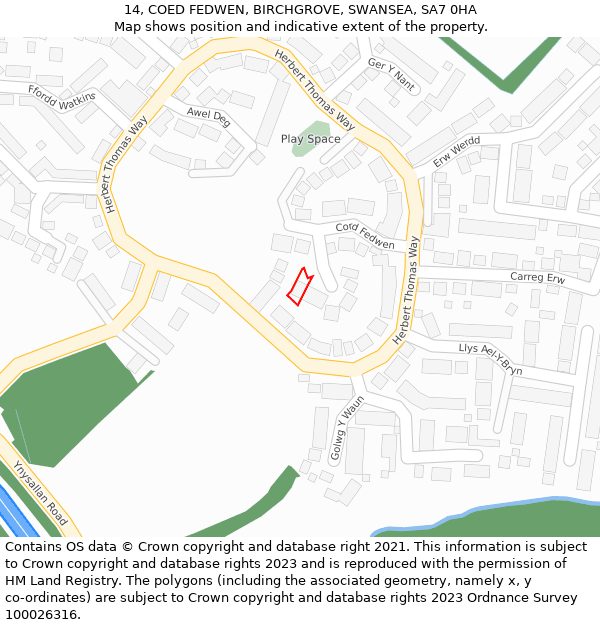 14, COED FEDWEN, BIRCHGROVE, SWANSEA, SA7 0HA: Location map and indicative extent of plot