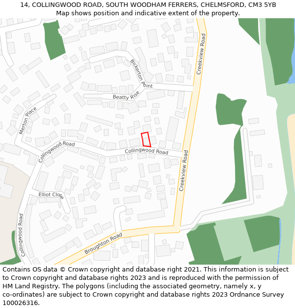14, COLLINGWOOD ROAD, SOUTH WOODHAM FERRERS, CHELMSFORD, CM3 5YB: Location map and indicative extent of plot