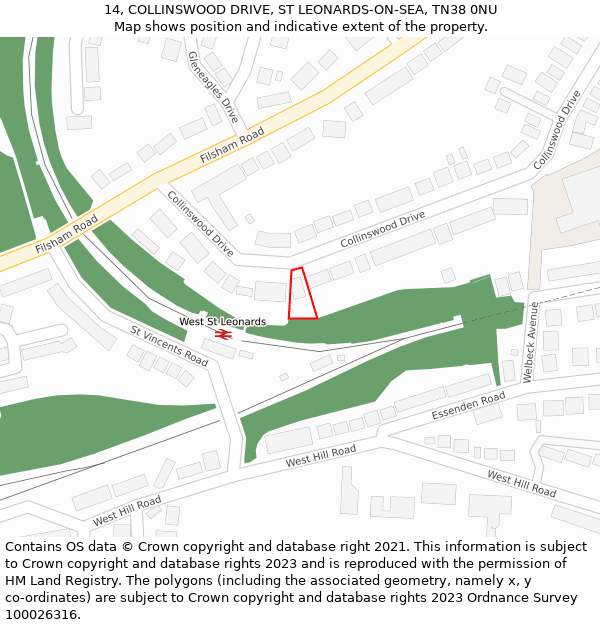 14, COLLINSWOOD DRIVE, ST LEONARDS-ON-SEA, TN38 0NU: Location map and indicative extent of plot