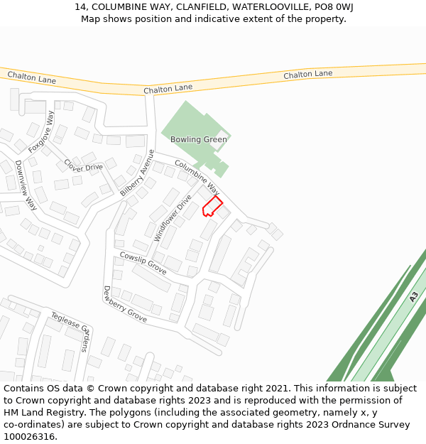 14, COLUMBINE WAY, CLANFIELD, WATERLOOVILLE, PO8 0WJ: Location map and indicative extent of plot