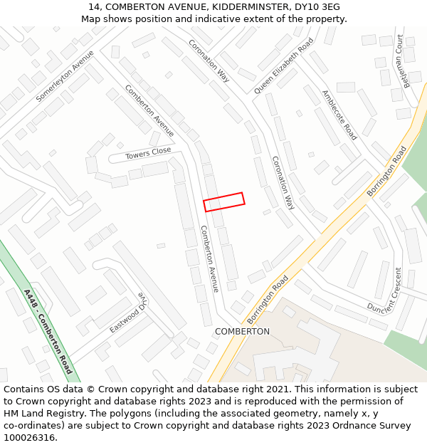 14, COMBERTON AVENUE, KIDDERMINSTER, DY10 3EG: Location map and indicative extent of plot