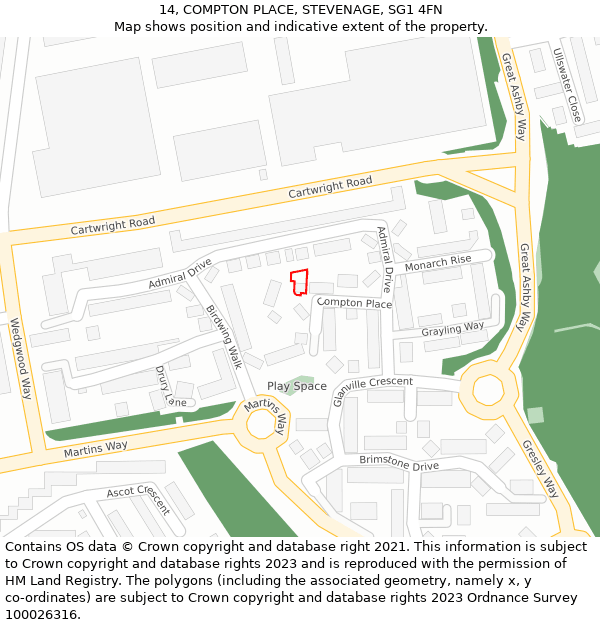 14, COMPTON PLACE, STEVENAGE, SG1 4FN: Location map and indicative extent of plot