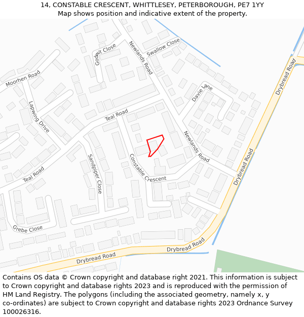 14, CONSTABLE CRESCENT, WHITTLESEY, PETERBOROUGH, PE7 1YY: Location map and indicative extent of plot