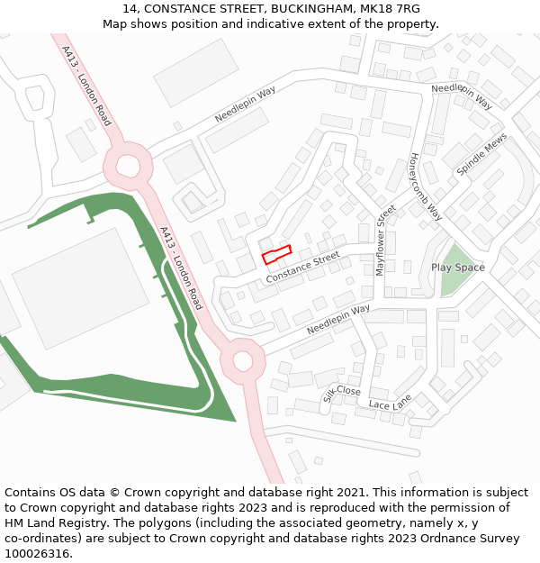 14, CONSTANCE STREET, BUCKINGHAM, MK18 7RG: Location map and indicative extent of plot