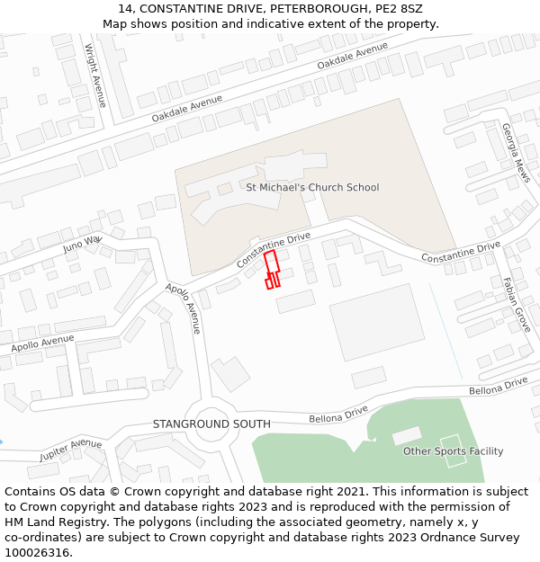 14, CONSTANTINE DRIVE, PETERBOROUGH, PE2 8SZ: Location map and indicative extent of plot