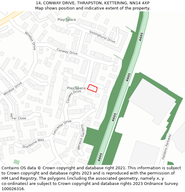 14, CONWAY DRIVE, THRAPSTON, KETTERING, NN14 4XP: Location map and indicative extent of plot