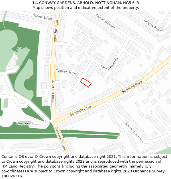 14, CONWAY GARDENS, ARNOLD, NOTTINGHAM, NG5 6LR: Location map and indicative extent of plot