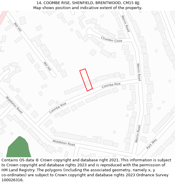 14, COOMBE RISE, SHENFIELD, BRENTWOOD, CM15 8JJ: Location map and indicative extent of plot