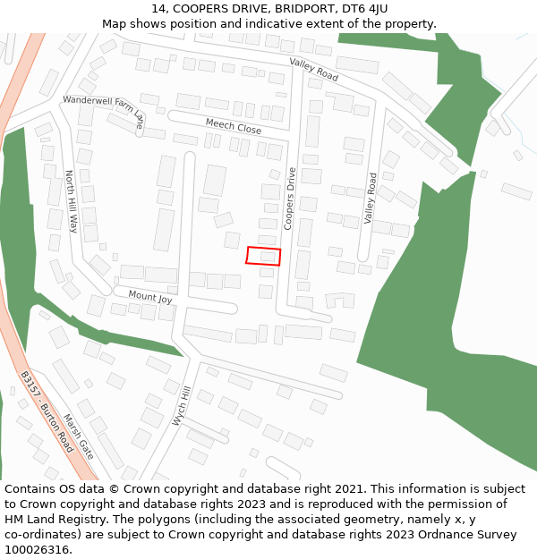 14, COOPERS DRIVE, BRIDPORT, DT6 4JU: Location map and indicative extent of plot