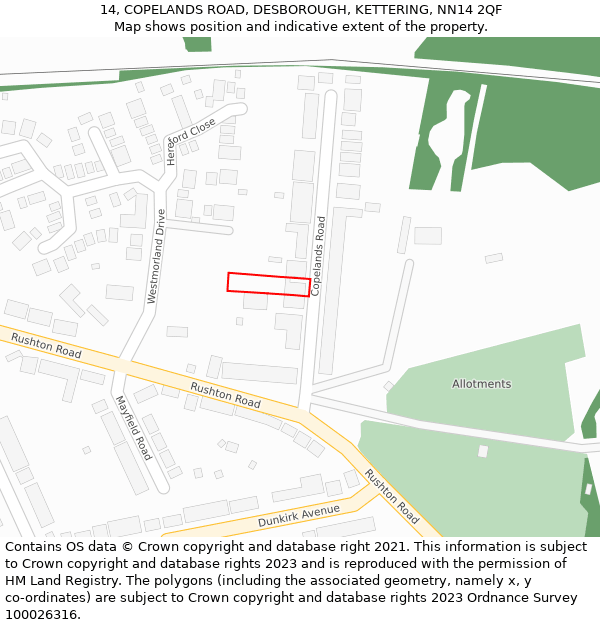 14, COPELANDS ROAD, DESBOROUGH, KETTERING, NN14 2QF: Location map and indicative extent of plot