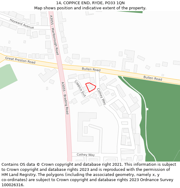 14, COPPICE END, RYDE, PO33 1QN: Location map and indicative extent of plot