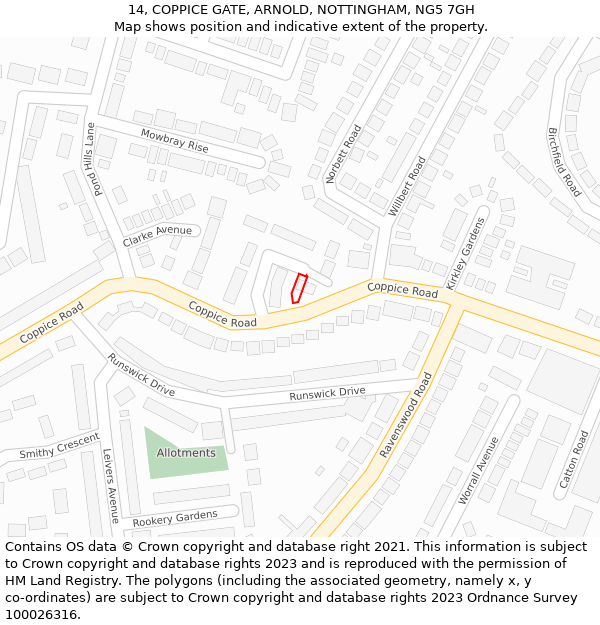 14, COPPICE GATE, ARNOLD, NOTTINGHAM, NG5 7GH: Location map and indicative extent of plot