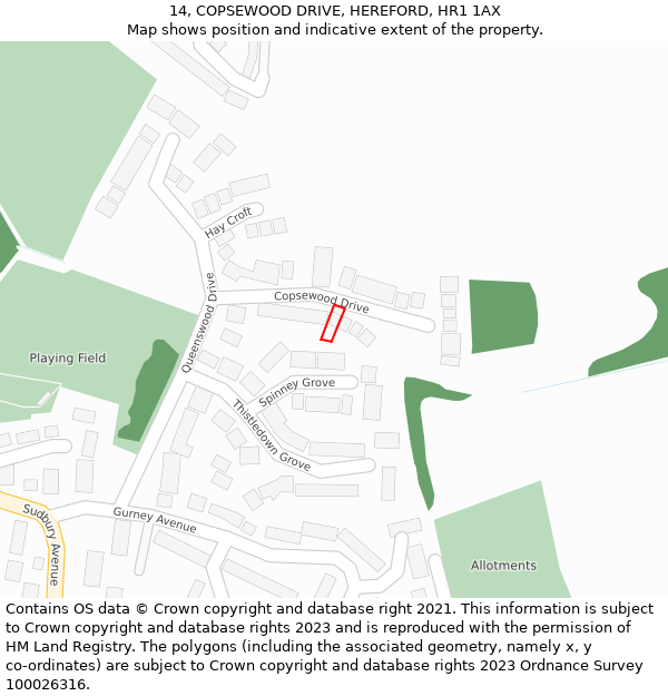 14, COPSEWOOD DRIVE, HEREFORD, HR1 1AX: Location map and indicative extent of plot
