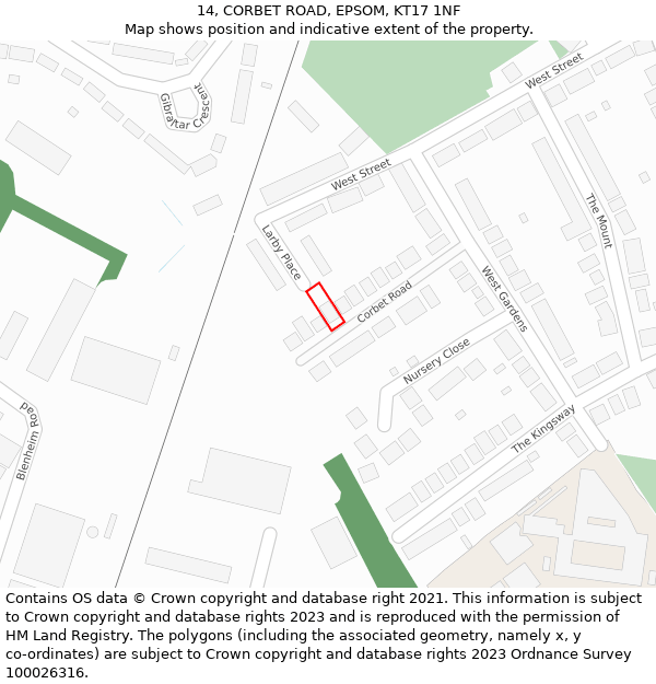 14, CORBET ROAD, EPSOM, KT17 1NF: Location map and indicative extent of plot