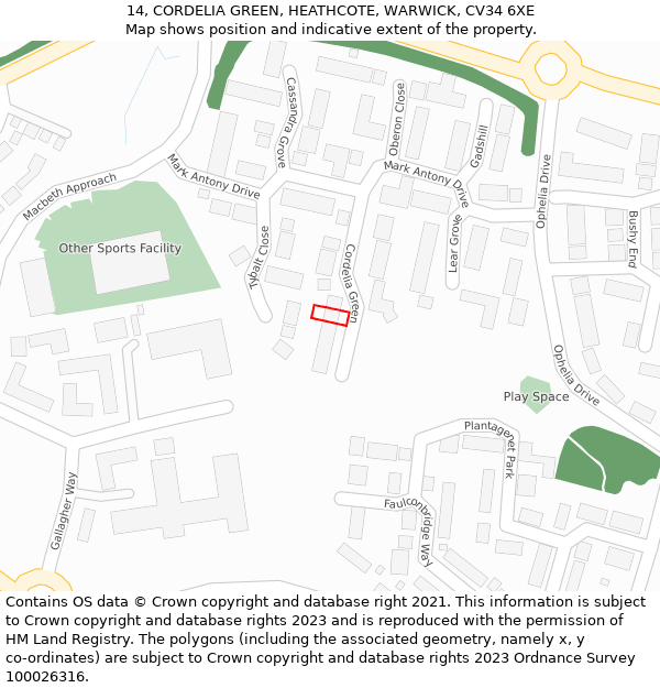 14, CORDELIA GREEN, HEATHCOTE, WARWICK, CV34 6XE: Location map and indicative extent of plot