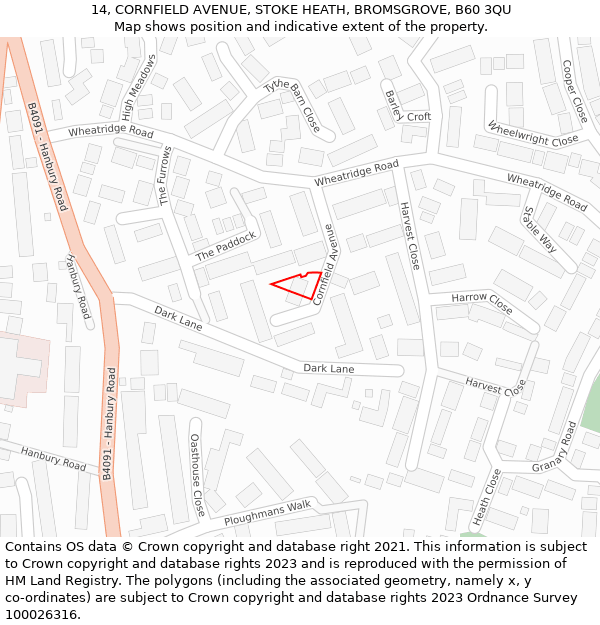 14, CORNFIELD AVENUE, STOKE HEATH, BROMSGROVE, B60 3QU: Location map and indicative extent of plot