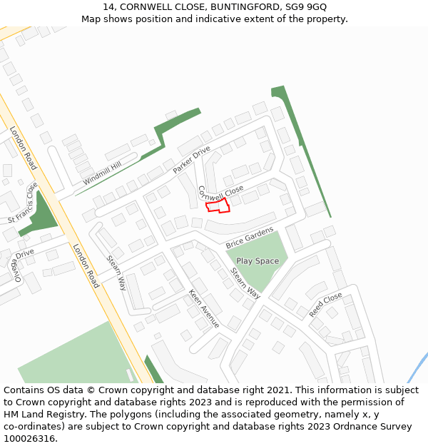 14, CORNWELL CLOSE, BUNTINGFORD, SG9 9GQ: Location map and indicative extent of plot