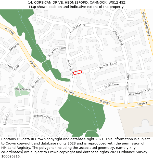 14, CORSICAN DRIVE, HEDNESFORD, CANNOCK, WS12 4SZ: Location map and indicative extent of plot