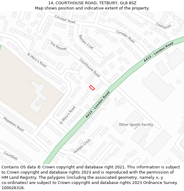 14, COURTHOUSE ROAD, TETBURY, GL8 8SZ: Location map and indicative extent of plot