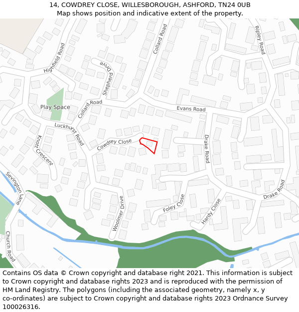 14, COWDREY CLOSE, WILLESBOROUGH, ASHFORD, TN24 0UB: Location map and indicative extent of plot