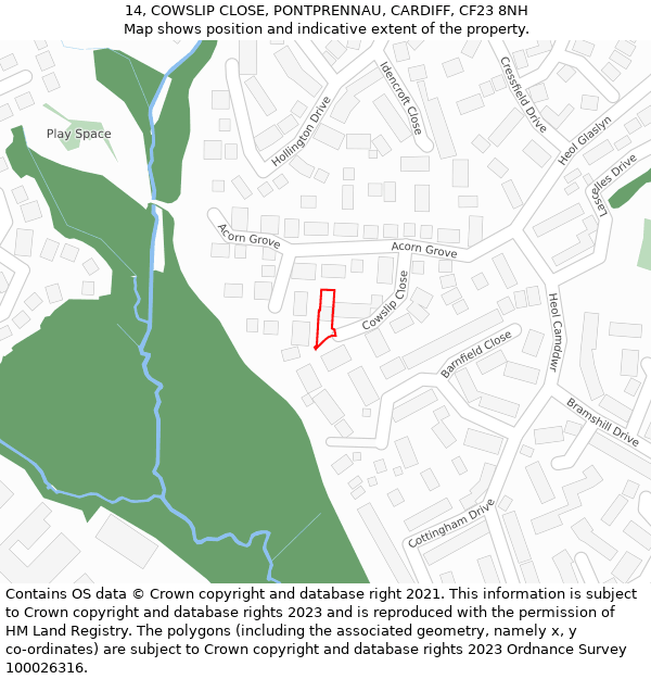 14, COWSLIP CLOSE, PONTPRENNAU, CARDIFF, CF23 8NH: Location map and indicative extent of plot