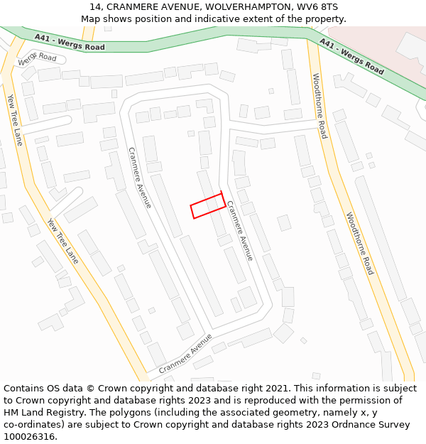 14, CRANMERE AVENUE, WOLVERHAMPTON, WV6 8TS: Location map and indicative extent of plot