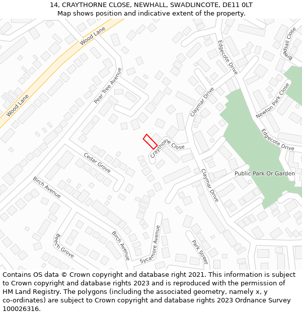 14, CRAYTHORNE CLOSE, NEWHALL, SWADLINCOTE, DE11 0LT: Location map and indicative extent of plot