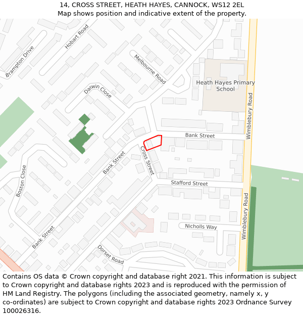 14, CROSS STREET, HEATH HAYES, CANNOCK, WS12 2EL: Location map and indicative extent of plot