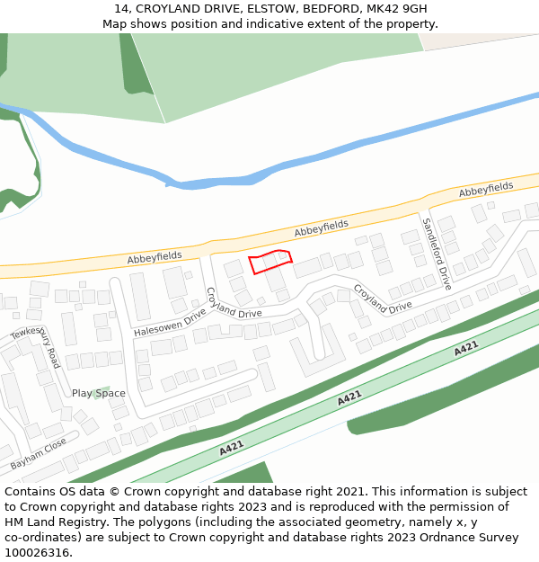 14, CROYLAND DRIVE, ELSTOW, BEDFORD, MK42 9GH: Location map and indicative extent of plot