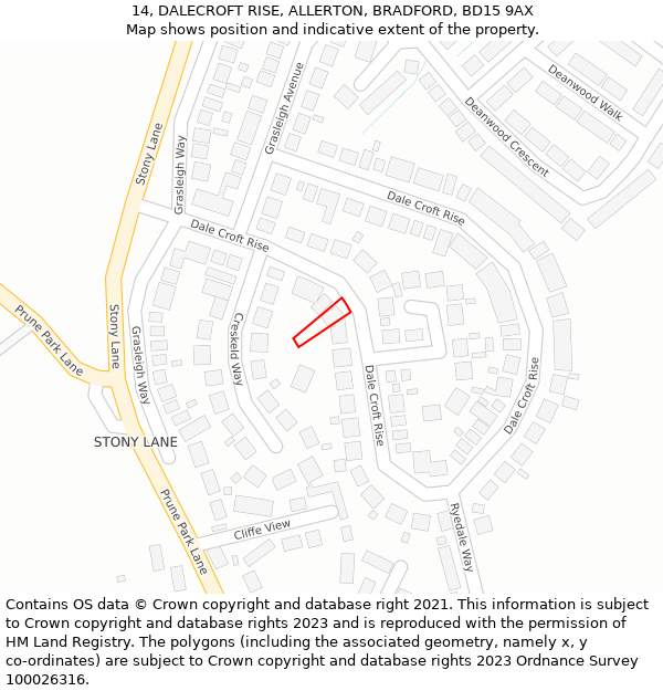 14, DALECROFT RISE, ALLERTON, BRADFORD, BD15 9AX: Location map and indicative extent of plot