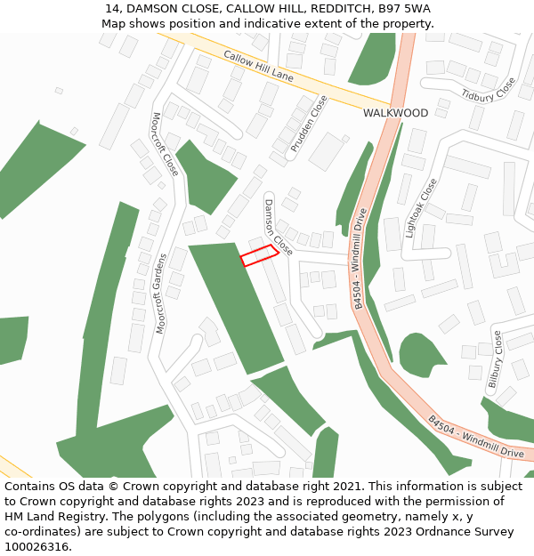 14, DAMSON CLOSE, CALLOW HILL, REDDITCH, B97 5WA: Location map and indicative extent of plot