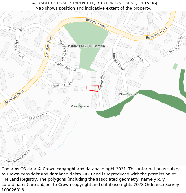 14, DARLEY CLOSE, STAPENHILL, BURTON-ON-TRENT, DE15 9GJ: Location map and indicative extent of plot