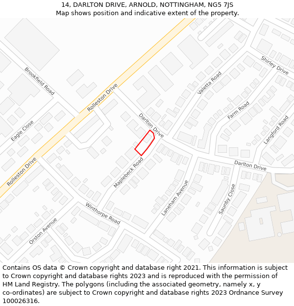 14, DARLTON DRIVE, ARNOLD, NOTTINGHAM, NG5 7JS: Location map and indicative extent of plot