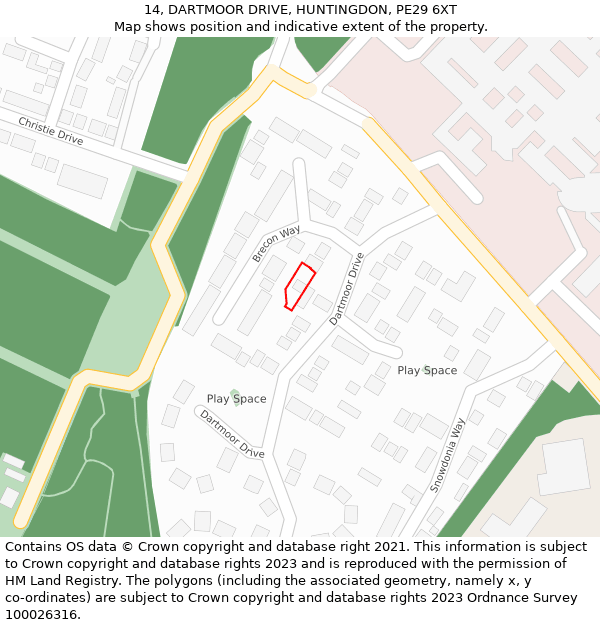 14, DARTMOOR DRIVE, HUNTINGDON, PE29 6XT: Location map and indicative extent of plot
