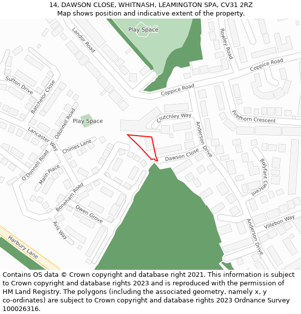 14, DAWSON CLOSE, WHITNASH, LEAMINGTON SPA, CV31 2RZ: Location map and indicative extent of plot