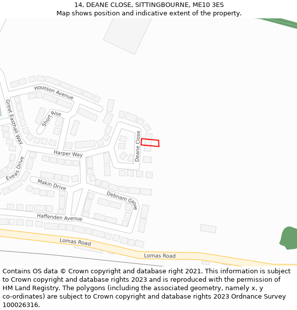 14, DEANE CLOSE, SITTINGBOURNE, ME10 3ES: Location map and indicative extent of plot