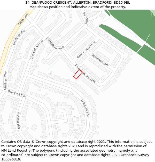 14, DEANWOOD CRESCENT, ALLERTON, BRADFORD, BD15 9BL: Location map and indicative extent of plot