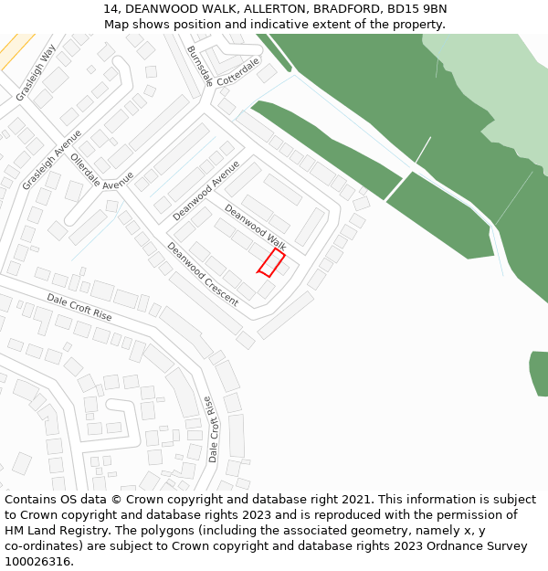 14, DEANWOOD WALK, ALLERTON, BRADFORD, BD15 9BN: Location map and indicative extent of plot