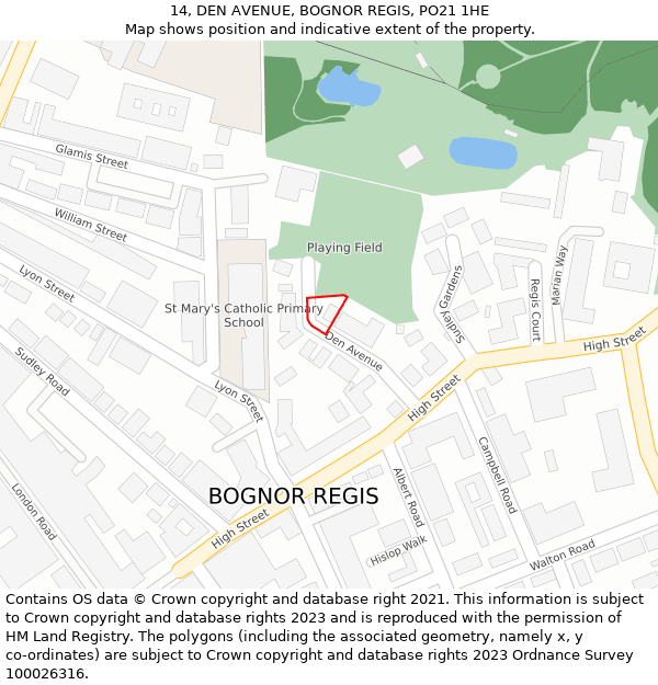 14, DEN AVENUE, BOGNOR REGIS, PO21 1HE: Location map and indicative extent of plot