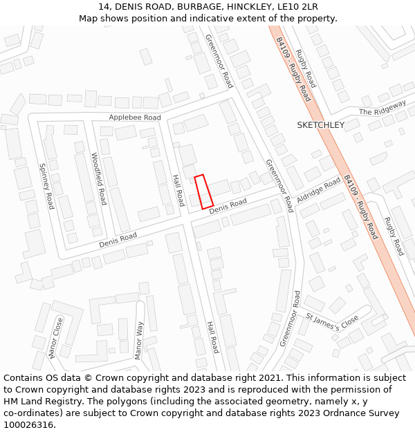 14, DENIS ROAD, BURBAGE, HINCKLEY, LE10 2LR: Location map and indicative extent of plot