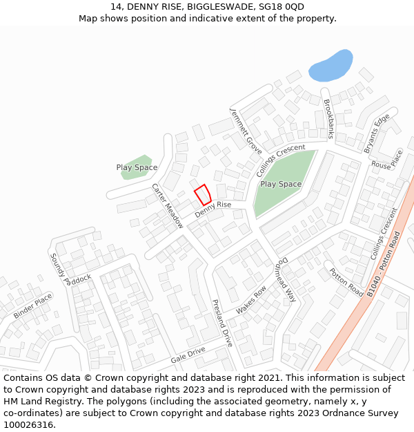 14, DENNY RISE, BIGGLESWADE, SG18 0QD: Location map and indicative extent of plot