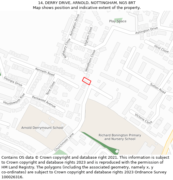 14, DERRY DRIVE, ARNOLD, NOTTINGHAM, NG5 8RT: Location map and indicative extent of plot