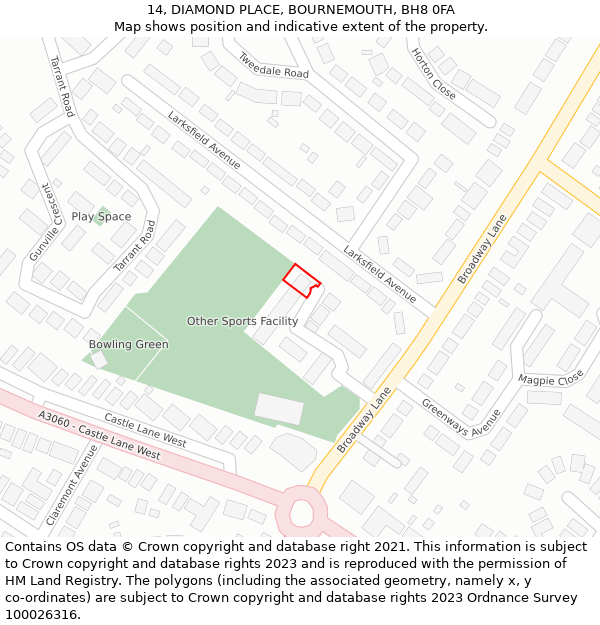 14, DIAMOND PLACE, BOURNEMOUTH, BH8 0FA: Location map and indicative extent of plot