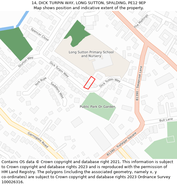 14, DICK TURPIN WAY, LONG SUTTON, SPALDING, PE12 9EP: Location map and indicative extent of plot