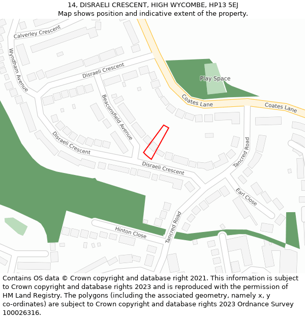 14, DISRAELI CRESCENT, HIGH WYCOMBE, HP13 5EJ: Location map and indicative extent of plot