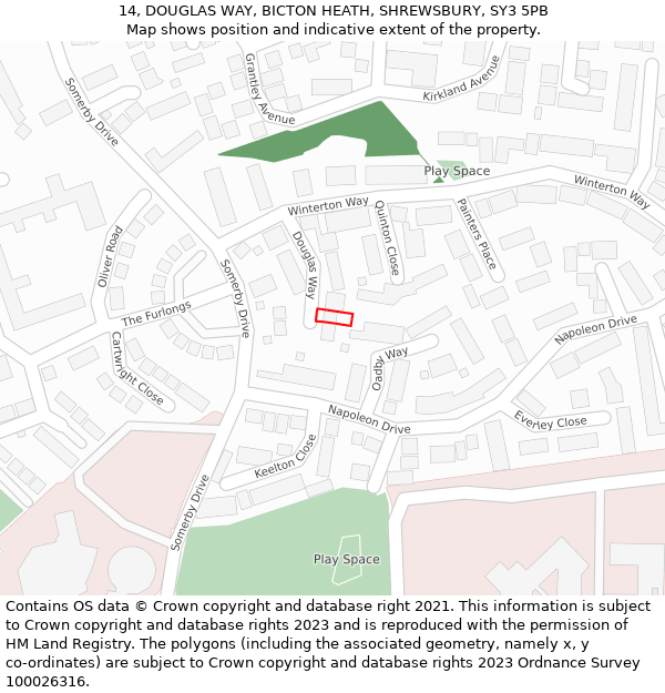 14, DOUGLAS WAY, BICTON HEATH, SHREWSBURY, SY3 5PB: Location map and indicative extent of plot